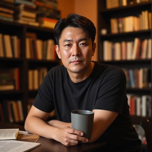 40대 초반의 동양인 남성이 편안한 캐주얼 복장을 입고 커피를 한 손에 들고 테이블에 기대고 있으며 우울한 표정을 짓고 있는 반신 사진입니다. 배경은 책으로 가득 찬 아늑한 도서관으로, 따뜻하고 초대하는 분위기가 깊은 사색의 기분을 더합니다.