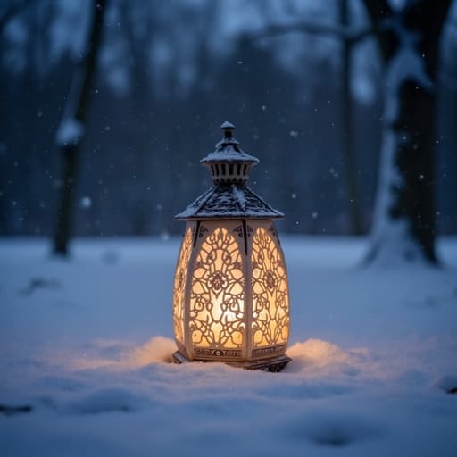 무드등, 부드러운 따뜻한 빛, 복잡한 패턴, 눈 덮인 겨울 풍경의 중앙에 배치, 부드러운 눈송이가 떨어지는, 고요한 분위기, 저녁의 빛