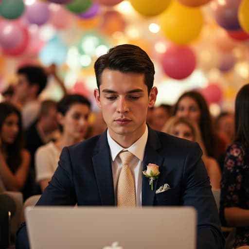 결혼식에 적합한 정장과 넥타이를 착용한 20대 초반의 백인 남성이 노트북 앞에 앉아 집중하고 차분한 표정을 짓고 있습니다. 배경은 화려한 장식과 사람들로 가득 찬 축제 분위기로 가득 차 있습니다.