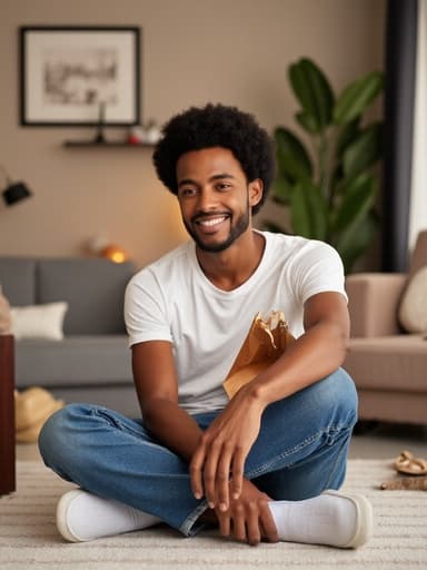 20대 초반의 흑인 남성이 캐주얼한 티셔츠와 청바지를 입고 아늑한 거실 바닥에 크로스 레그로 앉아 있습니다. 그는 자연스러운 미소를 지으며 쇼핑백을 들고 있으며, 배경에는 스타일리시한 소파와 집안 장식이 있어 따뜻하고 초대하는 분위기를 자아냅니다.