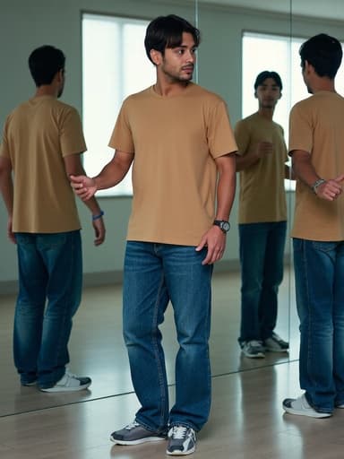 30대 후반의 자신감 있는 라틴계 남성이 캐주얼한 청바지와 스타일리시한 티셔츠를 입고 미러룸에서 독특한 반사 효과를 배경으로 한 전신 사진입니다. 그는 친근한 표정을 지으며 패션 아이템을 소개하는 듯한 자세를 취하고 있어 편안하고 매력적인 분위기를 자아냅니다.