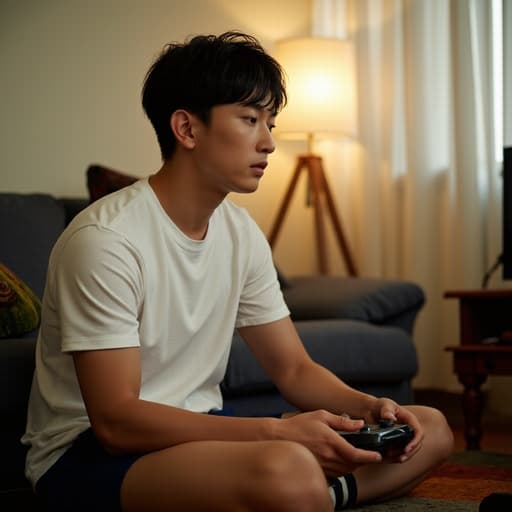 20대 초반의 한국 남성이 아늑한 거실에서 편안한 티셔츠와 운동용 반바지를 입고 게임 컨트롤러를 들고 있는 반신 촬영의 모습입니다. 그는 평온한 표정을 지으며 게임에 집중하고 있으며, 배경에는 소파와 게임 기기가 배치된 아늑한 거실이 있습니다. 전체적으로 편안한 게임 분위기를 강조합니다.