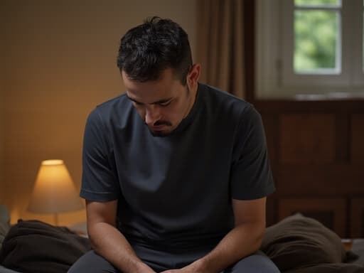 50대 초반의 중동계 남성이 편안한 운동복을 입고 소파에 앉아 슬픈 표정을 지으며 깊은 생각에 잠긴 모습의 반신 사진, 부드러운 조명이 비추는 아늑한 침실에서.