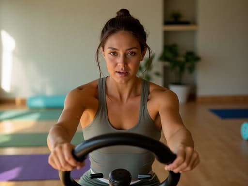 10대 후반의 혼혈 여성이 민소매 요가탑과 레깅스를 입고 반신 촬영된 모습입니다. 그녀는 핸들을 잡고 있는 듯한 자세로 화난 표정을 짓고 있습니다. 배경은 평화로운 요가 스튜디오로, 부드러운 자연광이 장면의 고요한 분위기를 잘 드러내고 있습니다.