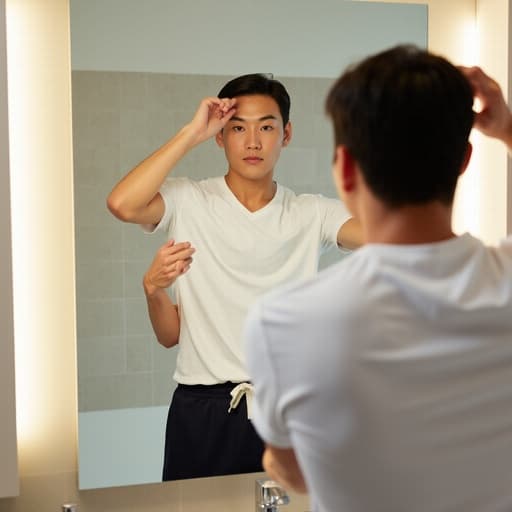 20대 초반 아시아계 남성이 캐주얼한 복장을 입고 현대적인 화장실에서 밝은 조명 아래 반신 촬영되고 있습니다. 그는 거울 앞에서 머리를 정리하며 스트레칭을 하며 활기찬 표정을 지어주며 신선하고 활동적인 아침의 분위기를 전달하고 있습니다.