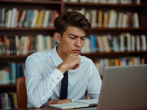 20대 중반의 유럽계 남성이 조용한 도서관의 책상에 앉아, 깔끔한 흰색 셔츠와 어두운 바지를 입고 있습니다. 그는 노트북을 바라보며 약간 짜증난 표정을 지으며 손으로 턱을 괴고 있으며, 주위에는 책장이 있어 학문적인 분위기를 자아냅니다.