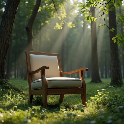 아침 이슬이 맺힌 숲속의 의자, 고요하고 자연적인 분위기.