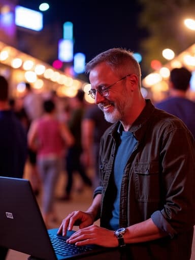 이 이미지는 50대 초반의 혼혈 남성이 화려한 조명과 다양한 사람들이 있는 거리의 파티 속에서 노트북을 사용하며 웃고 있는 모습을 포착하고 있으며, 축제 분위기를 반영합니다.