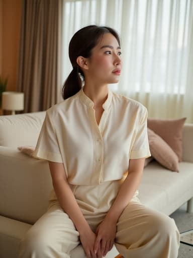 30대 초반의 아시아계 여성이 자연스러운 아름다움을 드러내는 반신 사진이 담겨 있습니다. 그녀는 아늑한 거실에 편안하게 앉아 있으며, 스타일리시하면서도 여유로운 블라우스와 팬츠를 착용하고 있습니다. 손은 무릎 위에 자연스럽게 놓여 있고, 우아한 표정으로 차분한 감정을 나타내고 있습니다. 배경은 조화로운 소파와 커피 테이블이 어우러져 따뜻한 분위기를 더하고 있습니다.