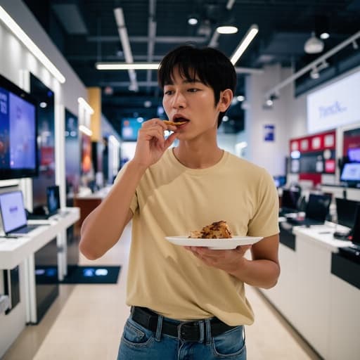 20대 초반의 아시아계 남성이 모던한 스타일의 티셔츠와 청바지를 입고 음식을 한 입 먹으며 비디오 통화를 하고 있는 모습의 반신 촬영입니다. 배경은 다양한 전자기기들이 진열된 전자매장으로, 현대적이고 세련된 분위기를 만들어냅니다.