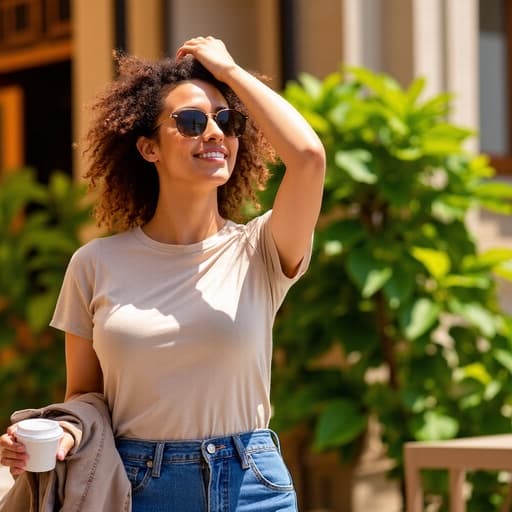30대 초반의 혼혈 여성이 따뜻한 햇살이 내리쬐는 카페 테라스에서 커피를 즐기며 행복한 표정을 짓고 있습니다. 편안한 티셔츠와 청바지를 착용하고, 한 손에는 커피 컵을 들고 다른 손으로는 머리를 살짝 넘기고 있습니다. 주변에는 푸르른 식물들이 있어 여유로운 분위기를 더합니다.