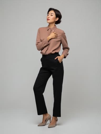 세련된 블라우스와 슬랙스를 입은 40대 초반 아시아계 여성의 반신 사진. 가슴에 손을 얹고 우아하게 서 있으며, 자신감 넘치는 모습이 현대적인 스튜디오 배경에서 드러난다.