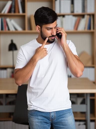 20대 초반의 중동계 남성이 캐주얼한 화이트 티셔츠와 청바지를 입고 불안한 표정으로 전화를 받고 있는 모습이 반신샷으로 포착되었습니다. 한 손은 귀에 전화를 대고 다른 손은 턱에 대고 고민하는 자세를 취하고 있습니다. 배경은 책장이 정리된 공부방으로, 집중하고 사색하는 분위기를 만들어냅니다.