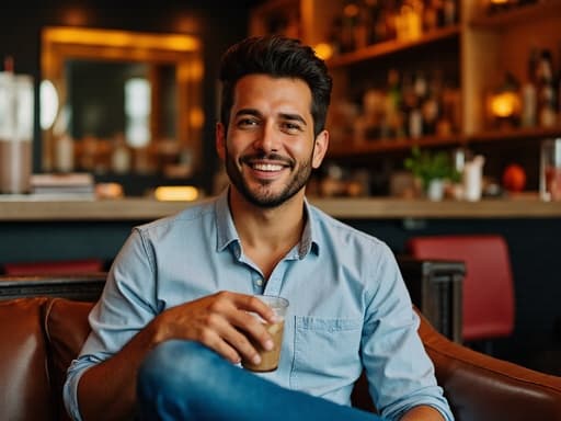 30대 중반의 라틴계 남성이 바 소파에 편안히 앉아 있으며, 캐주얼 셔츠와 청바지를 착용하고 음료를 들고 행복하게 웃고 있습니다. 배경의 아늑한 바 환경은 다양한 음료와 장식들로 가득 차 있어 따뜻하고 초대하는 분위기를 만들어냅니다.