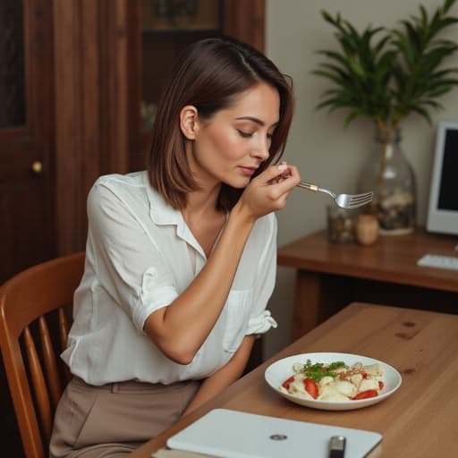 40대 초반의 동양인 여성이 캐주얼한 블라우스와 슬랙스를 입고 식탁에 앉아 포크를 들고 음식을 신중하게 바라보며 깊이 생각하는 모습의 반신 사진입니다. 책상과 컴퓨터가 있는 아늑한 집 사무실이 배경에 있어 친근한 분위기를 더하며, 사색과 고요함의 순간을 보여줍니다.