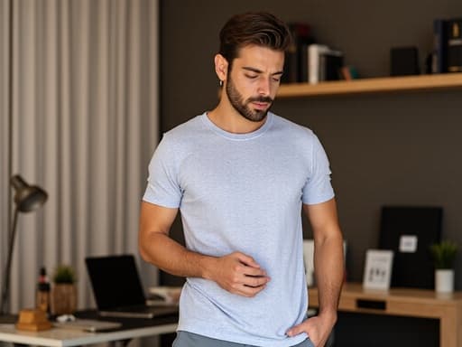 30대 후반의 중동계 남성이 편안한 티셔츠와 슬랙스를 입고, 비디오 통화 중에 짜증난 표정을 지으며 옷을 정리하는 모습의 반신 사진입니다. 배경은 책으로 가득한 서재와 책상이 보이며, 학구적인 분위기를 더합니다.