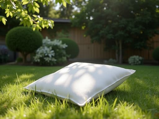 잔잔한 영국식 정원 중앙에 위치한 선케어 쿠션, 나뭇잎 사이로 햇빛이 비치고 풀밭에 부드러운 그림자가 드리워져 있습니다.