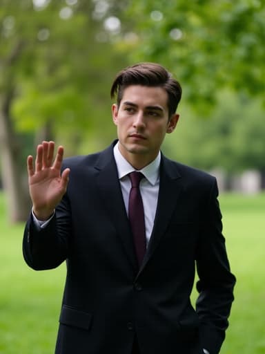 세련된 정장과 넥타이를 착용한 20대 초반의 백인 남성이 공원에서 손을 가볍게 흔들며 우울한 감정을 드러내고 있습니다. 푸른 잔디와 나무들이 있는 배경은 그의 감정과 대조를 이루며 평화로운 분위기를 더합니다.