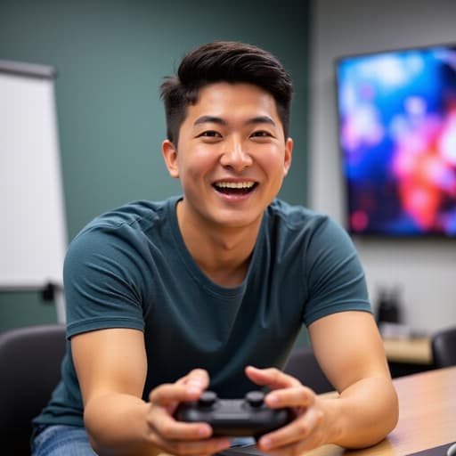 30대 초반 동양인 남성이 현대적인 회의실 테이블에 앉아 캐주얼한 티셔츠와 청바지를 입고 게임 컨트롤러를 들고 있는 모습이 담긴 반신 촬영입니다. 그는 활기찬 표정으로 게임에 몰입해 있으며, 배경에는 화이트보드와 대형 스크린이 있는 세련된 회의실이 있어 생동감 있고 전문적인 분위기를 자아냅니다.