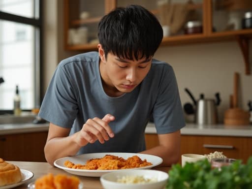 중반의 한국인 남성이 자연스러운 외모로 편안한 티셔츠와 청바지를 입고 있는 반신 사진입니다. 그는 음식을 바라보며 우울한 표정을 짓고 있고, 팔을 구부리고 식탁 위의 음식 재료를 가리키는 자세를 취하고 있습니다. 주방 환경에는 여러 가지 색깔의 음식 재료가 놓여 있어 사색과 고독의 분위기를 더합니다.