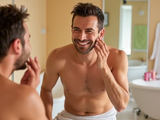 50대 초반의 친근한 백인 남성이 아늑한 마사지샵 거울 앞에서 편안한 필라테스 복장을 입고 얼굴 크림을 바르고 있는 반신 사진. 마사지샵의 따뜻한 분위기가 편안한 느낌을 더해줍니다.