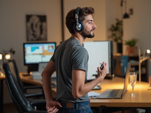 20대 후반 유럽계 남성이 캐주얼한 티셔츠와 청바지를 입고, 헤드폰을 착용하여 음악에 몰입하며 편안하게 서 있는 반신 사진. 현대적인 사무실 환경에서 책상과 컴퓨터가 배치되어 있으며, 그의 열정적인 표정이 음악에 대한 깊은 몰입을 반영하고 있습니다.