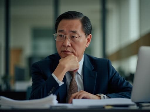 40대 중반의 동양인 남성이 정장과 넥타이를 착용하고 사무실의 책상에 앉아 턱을 손으로 괴고 실망한 표정을 짓고 있습니다. 책상 위에는 컴퓨터와 서류가 놓여져 있으며, 사려 깊고 진지한 분위기를 자아냅니다.
