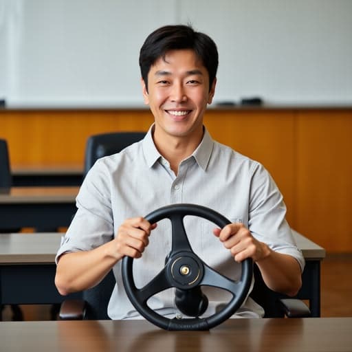 40대 초반의 한국인 남성이 편안한 셔츠와 바지를 입고 강의실에서 화이트보드와 책상이 배치된 배경에서 반신을 촬영한 모습입니다. 그는 가상의 스티어링 휠을 잡고 있으며, 편안하고 집중한 표정을 짓고 있습니다.