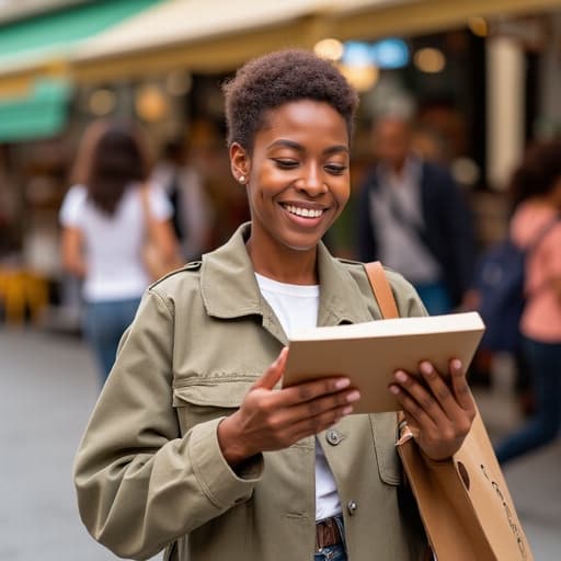 40대 중반의 아프리카계 여성은 편안한 복장을 입고 한 손에 쇼핑백을 들고 다른 손으로 책을 살펴보며, 다양한 상점들이 있는 번화한 거리에서 행복과 즐거움을 발산하고 있습니다.