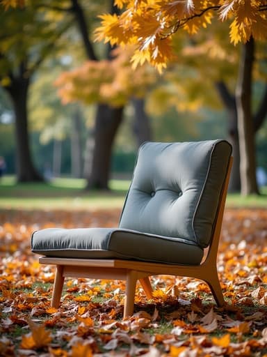 공원에 있는 라운지 체어, 가을 낙엽이 깔린 따뜻하고 아늑한 분위기.
