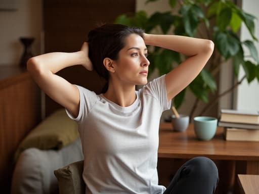30대 중반의 유럽계 여성으로, 자연스러운 외모를 지닌 그녀가 아늑한 카페 의자에 앉아 스트레스를 해소하기 위해 팔을 위로 쭉 뻗고 있습니다. 편안한 티셔츠와 레깅스를 착용한 그녀는 캐주얼한 스타일에 잘 어울립니다. 그녀의 표정에는 긴장감이 느껴져, 평화로운 환경 속에서도 스트레스를 관리하는 어려움을 나타냅니다. 배경에는 따뜻한 카페 내부가 보이며, 테이블 위에는 커피잔과 몇 권의 책이 놓여 있어 편안하지만 약간의 압박감을 느끼게 하는 분위기를 더하고 있습니다.