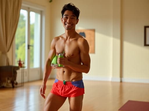 건강한 외모를 가진 40대 초반의 아시아계 남성이 안락한 요가 스튜디오에서 요가 매트를 들고 자신감 넘치는 표정을 짓고 있습니다. 세련된 수영복을 입고 있는 그의 열정적인 표정과 포즈는 활기찬 운동을 위한 준비가 돼 있음을 드러내며, 부드러운 조명으로 강화된 잔잔한 분위기 속에 있습니다.