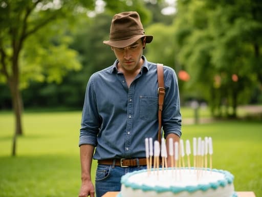 40대 초반의 중동계 남성이 캐주얼한 셔츠와 청바지를 입고, 푸른 잔디와 나무가 있는 공원에서 생일 케이크를 차가운 표정으로 바라보는 모습의 반신 사진으로, 생일 축하의 본질을 포착합니다.