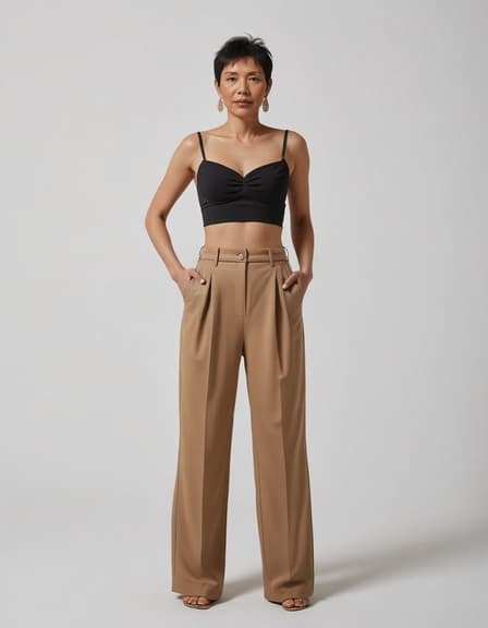 40세 아시아 여성 모델이 짧은 검은 머리와 따뜻한 피부톤을 가진 채 미니멀한 침실에서 포즈를 취하며 하이웨이스트 모던 팬츠를 선보이고 있습니다. 그녀는 금색 귀걸이를 착용하고, 화장 없는 모습으로 자신감을 발산합니다. 방은 스타일리시한 침대 옆 테이블이 있으며, 따뜻한 조명이 아늑한 분위기를 연출합니다.