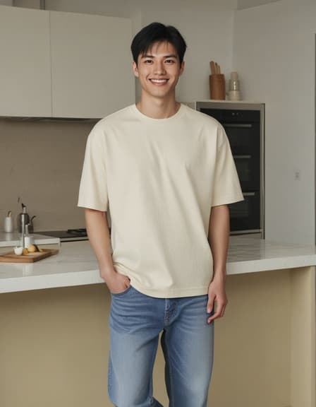 26세의 아시아 남성 모델이 짧은 검은 머리를 하고, 현대적인 오버사이즈 티셔츠를 입고 자연스럽게 포즈를 취하고 있는 모습입니다. 미니멀한 주방 배경에서 그의 여유로운 태도와 티셔츠의 현대적인 디자인이 편안함과 스타일의 조화를 강조합니다.