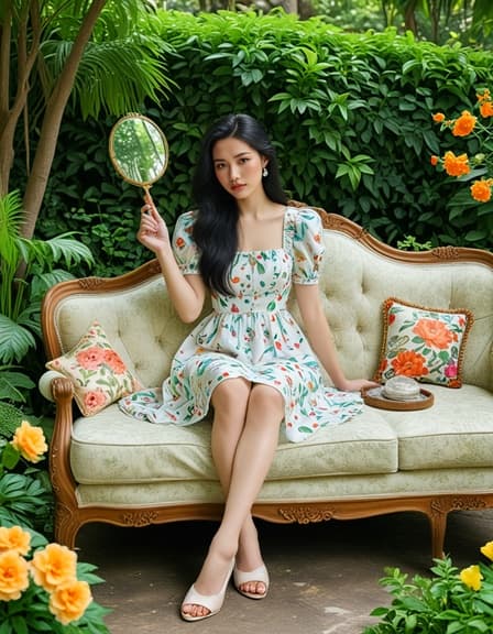 긴 검은 머리를 가진 자연스러운 메이크업의 아시아계 20세 여성은 빈티지 정원 소파에 앉아 우아하게 디자인된 손거울을 들고 있습니다. 정원의 푸르고 화려한 꽃들은 따뜻하고 초대하는 분위기를 만들어내며, 모델과 제품의 아름다움을 강조합니다.
