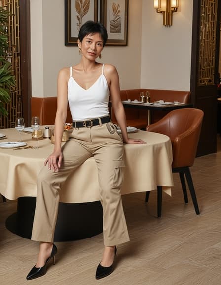 40세 아시아 여성 모델이 짧은 검은 머리와 금귀걸이를 착용하고 메이크업 없이 고급 레스토랑 테이블에서 자연스럽게 포즈를 취하고 있습니다. 그녀는 트렌디한 캐주얼 카고 팬츠를 입고 있으며, 부드러운 조명이 그녀의 따뜻한 피부톤을 강조하여 스타일리시하고 세련된 분위기를 만들어냅니다.