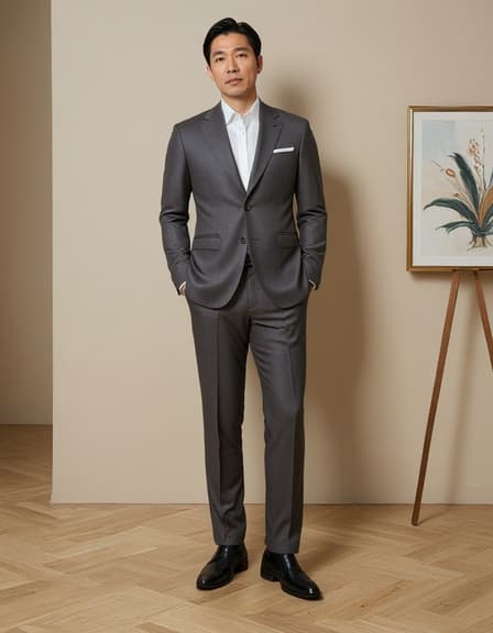 세련된 아시아 남성 모델이 45세로 짧은 검은 머리를 가지고 있으며, 고급 아트 갤러리에서 엘레강스 수트를 입고 자신감 있게 서 있습니다. 모델은 자연스럽게 미소를 지으며 수트의 맞춤형 핏과 고급스러운 원단을 잘 보여줍니다. 배경에는 현대 미술 작품과 세련된 갤러리 벽이 있어 의상의 우아함을 강조합니다. 부드럽고 아늑한 조명이 전체적인 분위기를 세련되게 만들어 모델의 품위와 수트의 스타일리시한 세부 사항을 강조합니다.