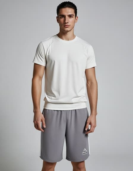 20세의 유럽 남성 모델이 슬릭백 짧은 검은 머리를 하고 현대적인 화이트 스튜디오에서 스포티한 복장을 입고 남성용 반지를 손가락에 착용하여 포즈를 취하고 있습니다. 깨끗한 배경이 모델과 반지를 강조하여 매력적이고 전문적인 이미지를 만들어냅니다.