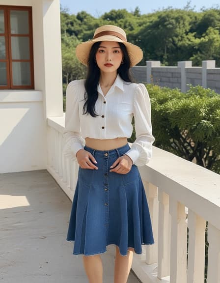 20세 아시아계 여성 모델이 긴 검은 머리와 대담한 립스틱을 하고 미니멀한 옥외 테라스에서 우아하게 포즈를 취하고 있습니다. 그녀는 따뜻한 피부 톤을 강조하는 스타일리시한 빈티지 여성 모자를 착용하고 있습니다. 부드러운 자연광이 아늑한 분위기를 만들어내며, 빈티지 우아함을 강조하고 있습니다.