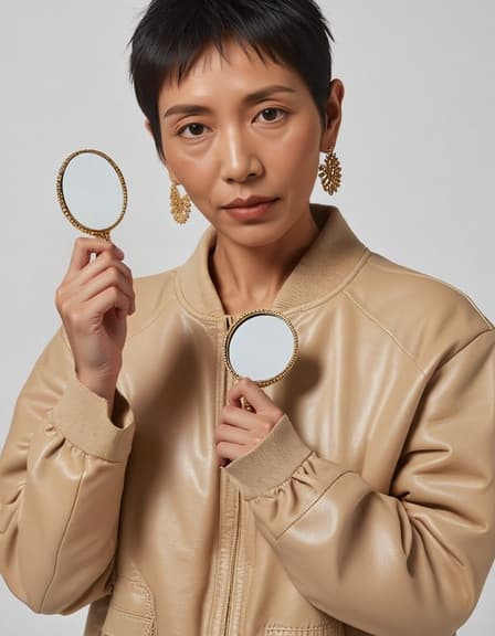 40세 아시아 여성 모델이 블랙 짧은 머리와 따뜻한 피부톤을 가지고 있으며, 스포티 재킷을 입고 미니멀한 그레이 스튜디오에서 스타일리시한 손거울을 들고 있습니다. 그녀는 화장을 하지 않은 자연스러운 모습에 우아한 금 귀걸이를 착용하고 있습니다. 모델은 거울을 바라보며 미소를 지으며, 제품의 세련된 디자인과 기능성을 강조하고 있습니다. 부드럽고 따뜻한 분위기가 전체 이미지를 감싸고 있습니다.