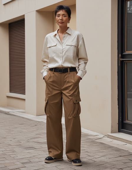 40세 아시아계 여성 모델이 검은 짧은 머리를 하고 스타일리시한 캐주얼 카고 팬츠를 입고 미니멀한 도시 공간에서 따뜻한 미소로 서 있는 모습. 그녀가 착용한 금 귀걸이가 우아함을 더하고, 현대적인 배경이 그녀의 의상에 집중할 수 있도록 돕습니다.