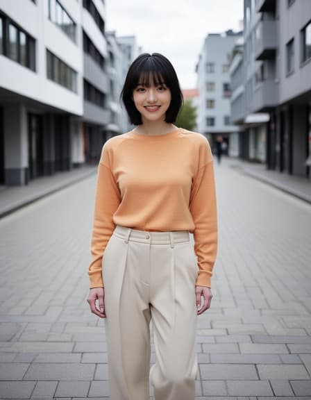 "짧은 검은 머리와 앞머리를 가진 젊은 아시아 여성이 북유럽 도시 배경에서 미니멀한 스트레이트 팬츠를 입고 맛있는 샌드위치를 들고 자연스럽게 미소 지으며 한 입 베어 물고 있습니다. 현대적인 도시 풍경이 장면을 더욱 돋보이게 합니다."