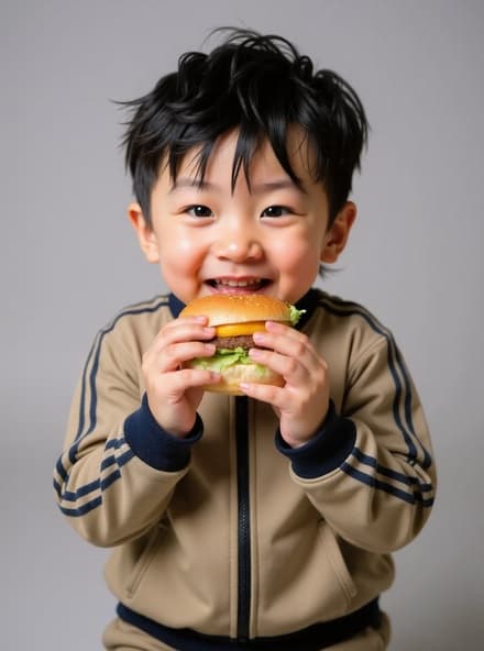 스포티한 운동복을 입은 5세 한국 소년이 심플한 그레이 스튜디오에서 신선한 샌드위치를 들고 있습니다. 그의 반짝이는 눈과 맑은 피부는 맛있는 음식을 즐기는 즐거움을 강조하며, 샌드위치가 이미지의 주요 포인트로 돋보입니다.