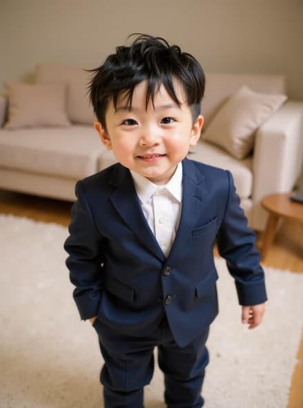 매력적인 5세 한국 남자 아이가 헝클어진 검은 머리를 하고 현대적인 수트를 입고 미니멀한 거실에서 장난기 가득한 포즈를 취하며 미소를 짓고 있습니다. 수트의 세련된 특징이 부드럽고 초대하는 배경과 함께 잘 드러납니다.