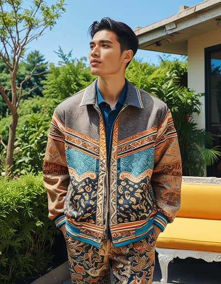 20세의 아시아 남성 모델이 짧은 검은 머리와 따뜻한 피부톤을 지니고 자연스럽게 현대적인 옥외 테라스에서 포즈를 취하고 있습니다. 그는 대담한 색상과 복잡한 패턴이 특징인 스타일리시한 빈티지 레트로 재킷을 입고 있으며, 그 독특한 디자인을 잘 보여줍니다. 모델은 편안한 표정을 지으며 세련된 테라스 테이블에 살짝 기대어 자신감 있게 서 있습니다. 배경에는 무성한 녹음과 맑은 파란 하늘이 어우러져 이미지의 생동감을 더합니다. 전체적인 구도는 전문적이며 재킷의 레트로 매력을 강조하면서 모델의 젊고 매력적인 모습을 트렌디하고 초대하는 분위기 속에서 포착합니다.