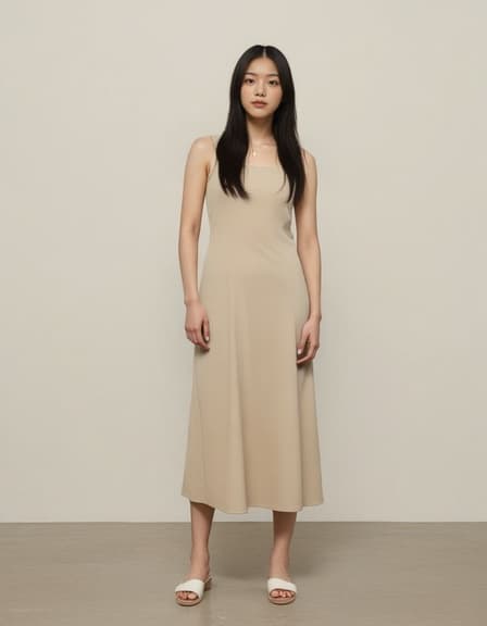 20세 아시아계 여성 모델이 긴 검은 머리카락을 가지고 미니멀 드레스를 입고 고급 아트 갤러리에서 포즈를 취하며 자연스러운 아름다움과 드레스의 깔끔한 라인을 강조하는 부드러운 조명 속에서 서 있습니다.
