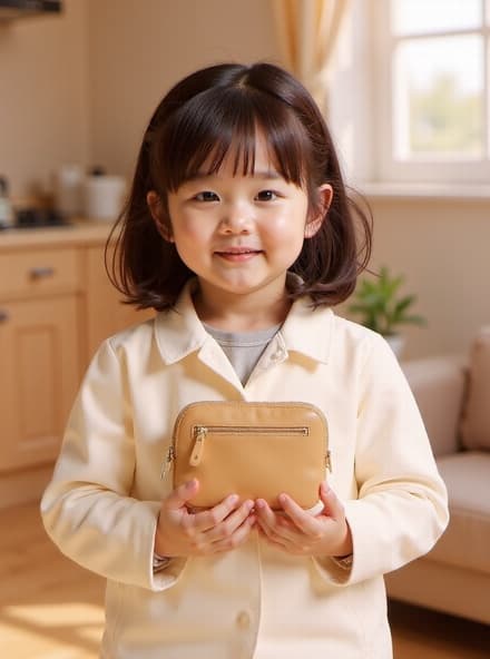 다정한 5세 한국 소녀가 현대적인 주방 배경에서 우아한 클래식 코트를 입고 세련된 파우치를 들고 있으며, 부드러운 닫힌 입술 미소를 지어 보입니다. 따뜻한 분위기와 자연스러운 조명이 모델과 상품의 아름다움을 강조합니다.