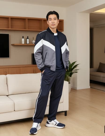 45세의 아시아계 남성 모델이 짧은 검은 머리를 하고 현대적인 거실에서 스타일리시한 스포티 재킷을 입고 있습니다. 그는 자연스러운 포즈로 재킷의 세련된 디자인과 스포티한 매력을 보여주며, 현대적인 장식이 장면의 전체적인 초대하는 분위기를 더합니다.