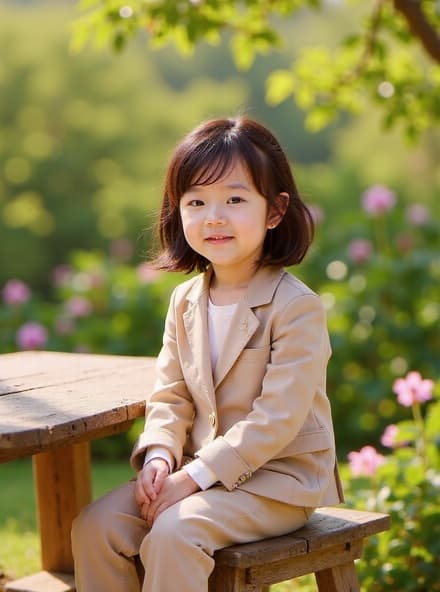 5살 한국 소녀가 어두운 갈색 머리와 둥근 얼굴을 가진 채로 아름다운 정원에서 클래식 수트를 입고 있습니다. 자연광과 활기찬 배경이 따뜻한 분위기를 만들어내며, 그녀는 부드러운 미소로 포즈를 취하며 세련된 의상을 보여줍니다.